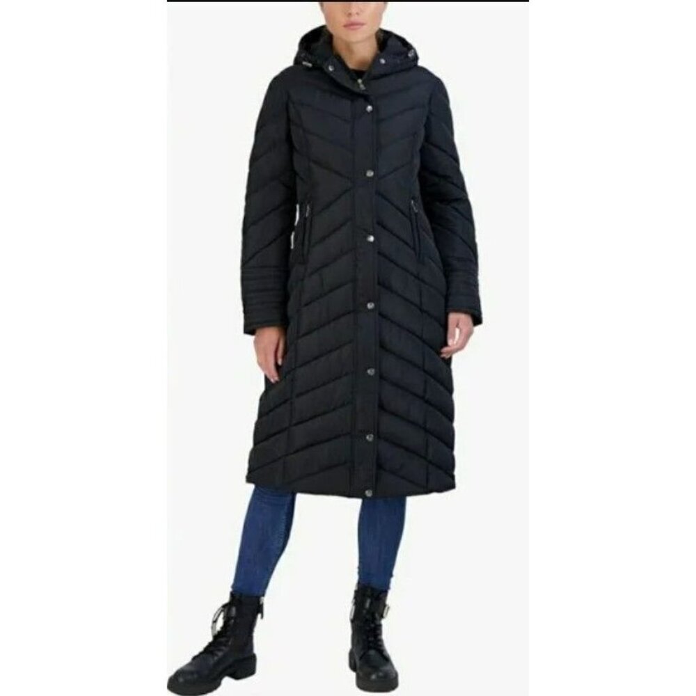 NWT Steve Madden Women's Black Chevron Puffer Long Winter Coat Size XS - Picture 1 of 9